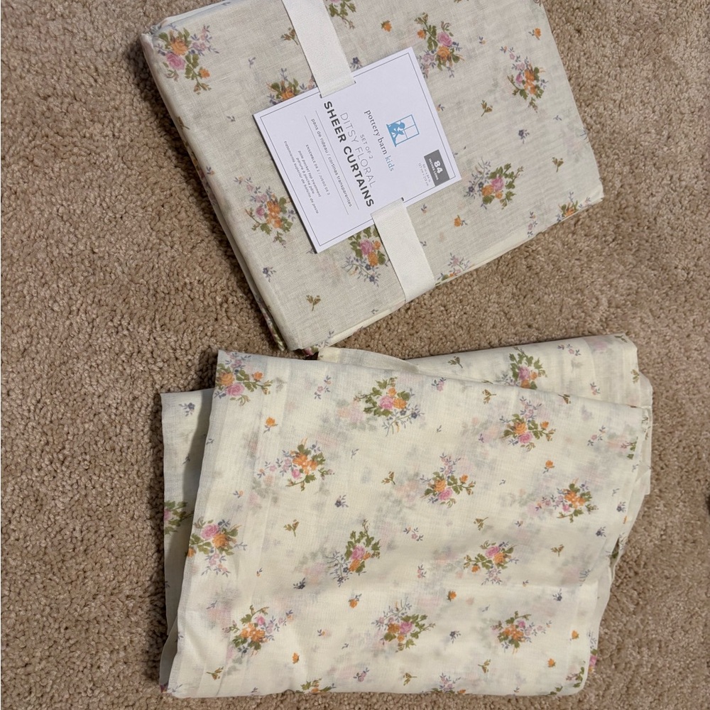 Pottery Barn Kids Cream Sheer Floral Curtains with Pink and Orange Accents